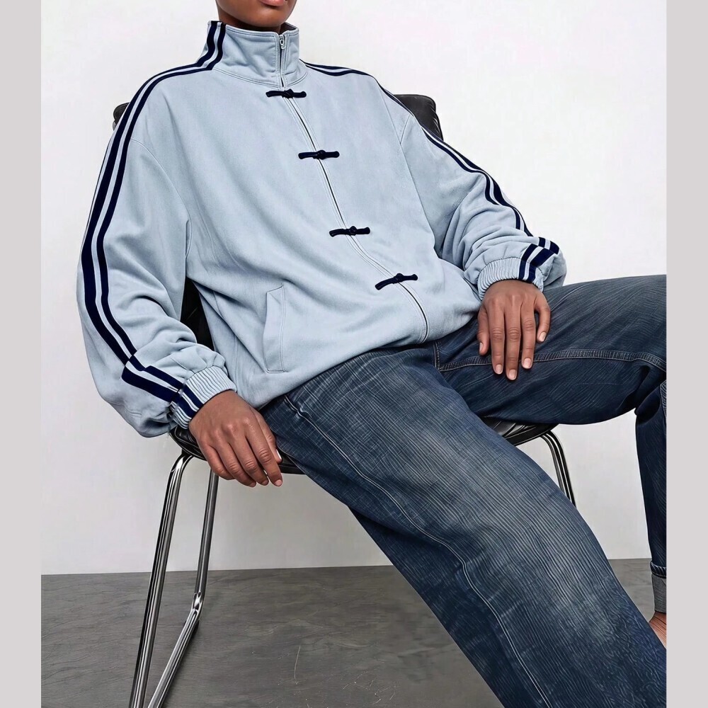 Sky Blue Track Jacket with Navy Stripes and Frog Closures - Picture 7 of 8